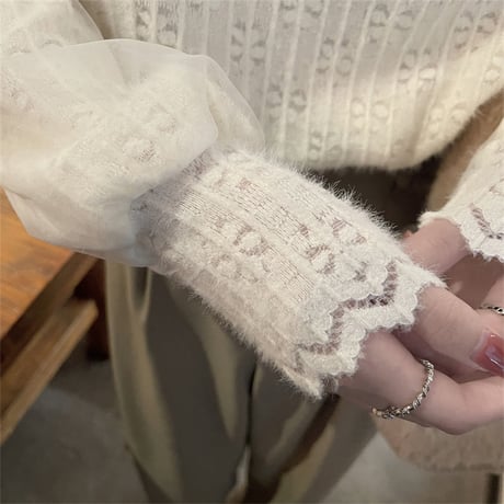 ブラウス ハーフハイネック パフスリーブ 起毛 レース トップス 長袖 プルオーバー レトロ 韓国ファッション レディース 大人可愛い ガーリー フェミニン DTC-689641806585