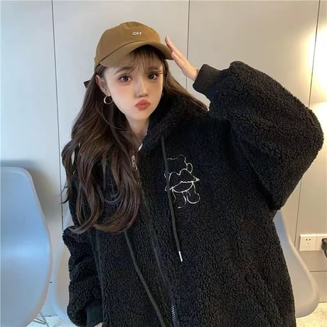 フード付き ボアブルゾン エンジェルくまちゃん 羽 フェイクラムウール ボアジャケット アウター ゆったり 長袖 レトロ 大人可愛い ガーリー カジュアル DTCA-857752590528