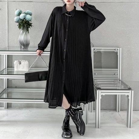 プリーツ シャツワンピース 襟付き ロングワンピース シャツワンピ プリーツワンピース 体型カバー ビッグシャツ ルーズ 長袖 レトロ 大人可愛い ガーリー DTCA-828552000879