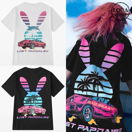 ユニセックス 半袖 Tシャツ メンズ レディース うさぎモチーフ 英字 ヤシの木 車 プリント オーバーサイズ 大きいサイズ ルーズ ストリート TBN-601743728424