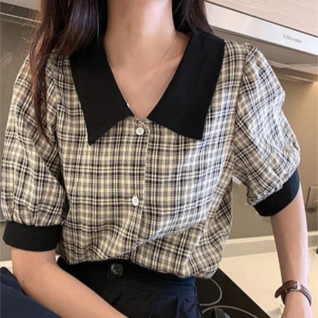 チェック柄 ブラウス シャツ パフスリーブ 半袖 バイカラー レトロ 韓国ファッション レディース 大人可愛い ガーリー フェミニン DTCA-642810095273