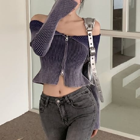6カラー ダブルジップ ニット オフショルダー クロップド丈 トップス オフショル スリムフィット 長袖 レトロ 韓国ファッション レディース 大人可愛い ガーリー DTC-735530117178