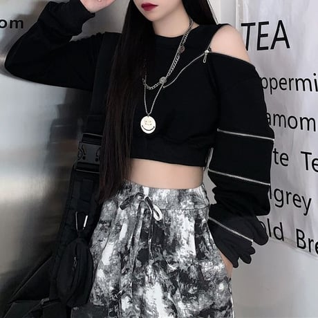 ショート丈 トップス ファスナー Tシャツ スリット オフショルダー トレーナー プルオーバー ルーズ ゆったり 長袖 韓国ファッション レディース カジュアル DTC-733212755331