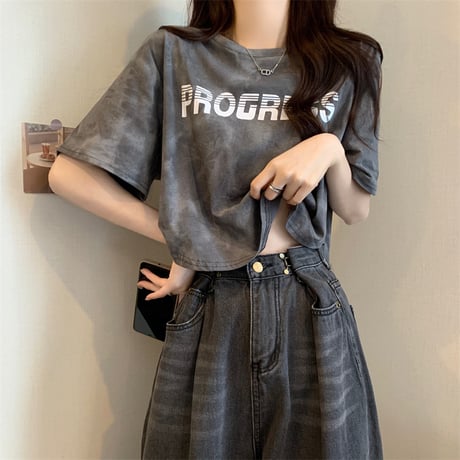 タイダイ柄 Tシャツ ショート丈 ロゴ 半袖 ルーズ レトロ カジュアル 韓国ファッション レディース 大人可愛い ガーリー DTC-767804771620