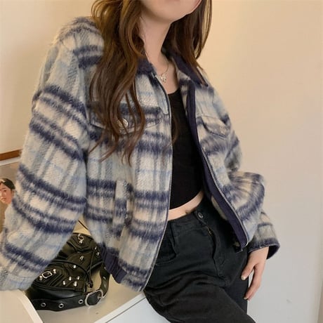 チェック柄 ブルゾン フェイクウール キルティング ジップアップ ルーズ アウター 長袖 ハイウエスト レトロ 韓国ファッション レディース 大人可愛い ガーリー DTC-687690758397