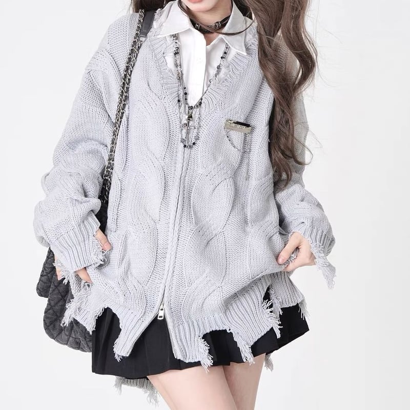 ニット カーディガン ダメージ加工 クラッシュ加工 ケーブル編み