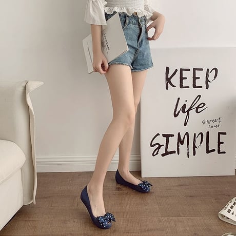 【Soervimy】 ラバーパンプス レインシューズ ドット柄 リボン フラット 韓国ファッション レディース ぺたんこ 雨 梅雨 ラバー 防水 613013111296