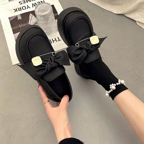 ローファー リボン 安全ピン 厚底 22.5～25.0cm ラバーソール 厚底シューズ かわいい ガーリー カジュアル 韓国ファッション レディース DTC-666542024099