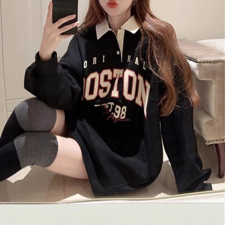 ポロカラー トップス 大きめロゴ BOSTONプリント 配色 プルオーバー オーバーサイズ ゆったり ルーズ 長袖 レトロ 大人可愛い ガーリー カジュアル DTCA-871393991749