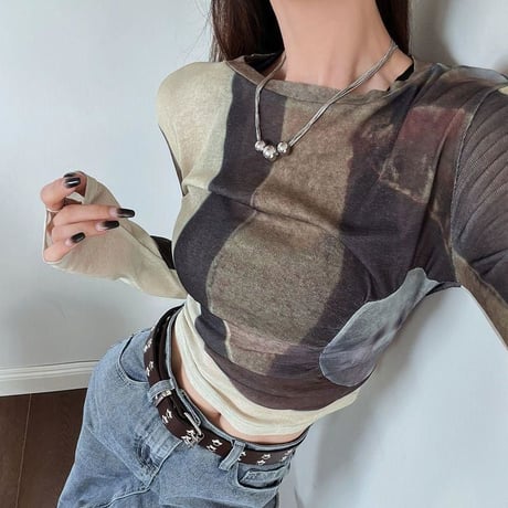 シアートップス 配色 薄手 Uネック シアーtシャツ tシャツ トップス ショート丈 スリムフィット 長袖 レトロ 大人可愛い ガーリー カジュアル DTCA-718107452786