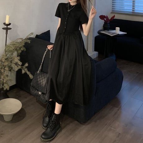 ポロカラー ワンピース ハイウエスト Aライン ロングワンピース 半袖 ウエスト切り替え ブラック レトロ 韓国ファッション レディース 大人可愛い ガーリー DTC-676378933474