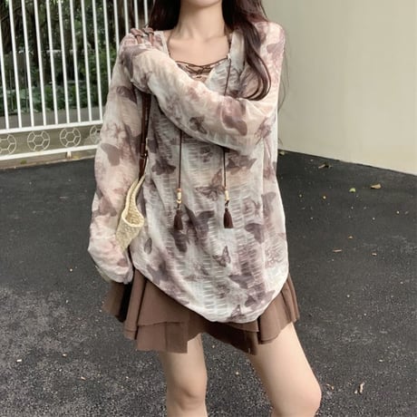 シアートップス バタフライ柄 シースルー オーバーサイズ tシャツ ルーズ 長袖 レトロ 韓国ファッション レディース 大人可愛い ガーリー DTC-803808832596