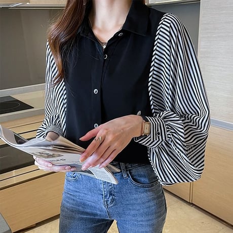 ブラウス ストライプ柄 ランタンスリーブ シフォン 切り替え レイヤード風 ルーズ レトロ 韓国ファッション レディース 大人可愛い ガーリー オフィスカジュアル DTC-642816012866