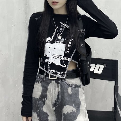 ロンT アシンメトリー ショート丈 スリムフィット 不規則デザイン アシメ tシャツ トップス 長袖 レトロ 大人可愛い ガーリー サブカル系 カジュアル DTCA-655976986014