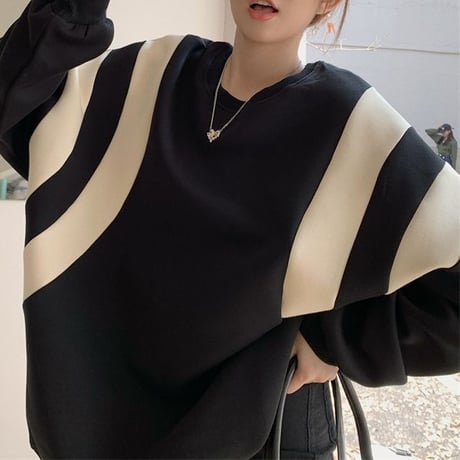 トレーナー トップス バイカラー 配色ライン プルオーバー オーバーサイズ ビッグシルエット レトロ 韓国ファッション レディース ガーリー カジュアル DTC-683210988059