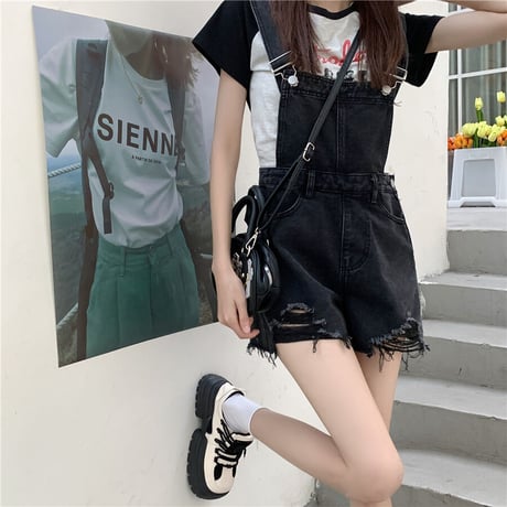 デニム サロペット オーバオール ダメージ加工 ヴィンテージ風 ショート丈 薄手 レトロ 韓国ファッション レディース 大人可愛い ガーリー カジュアル DTC-678842513408