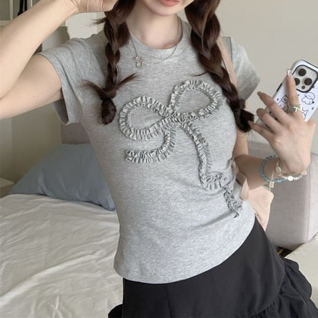 立体リボン Tシャツ リボンコード フリル タイト スリムフィット ショート丈 クルーネック 半袖 レトロ 大人可愛い ガーリー カジュアル DTCA-802763810438