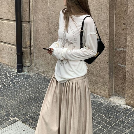 ロンT クロスプリント オーバーサイズ クルーネック ドロップショルダー tシャツ トップス カットソー ゆったり 長袖 レトロ 大人可愛い ガーリー カジュアル DTCA-828179763981
