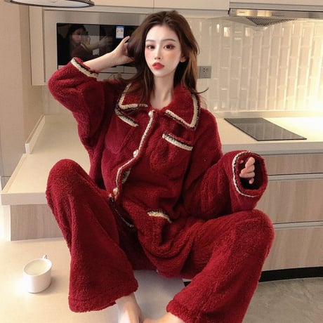 ルームウェア パジャマ セットアップ フリース プラスベルベット トップス + パンツ 長袖 上下セット 韓国ファッション レディース もこもこ ガーリー 633794682654