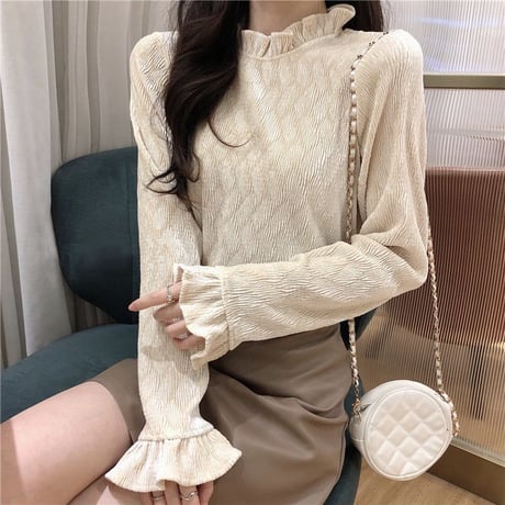 【トップス】 ハーフハイネック 長袖 ボトミングシャツ 韓国ファッション レディース アプリコット ブラック 大人可愛い かわいい ガーリー 630346324534