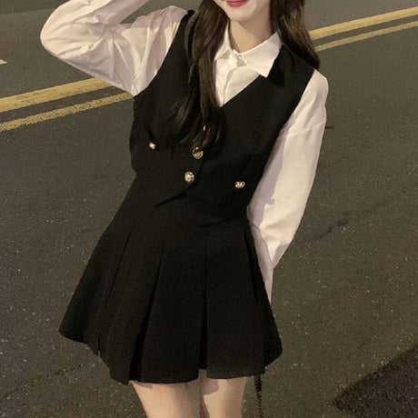 3点セット シャツ ベスト プリーツスカート ハイウエスト レトロ セットアップ 韓国ファッション レディース  大人可愛い ガーリー フェミニン DTC-655988533992