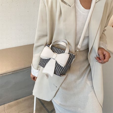 2WAY ハンドバッグ ショルダーバッグ ミニバッグ 千鳥格子 リボン チェック柄 バッグ 鞄 レトロ ホワイト ブラック ブラウン DTC-631010281178