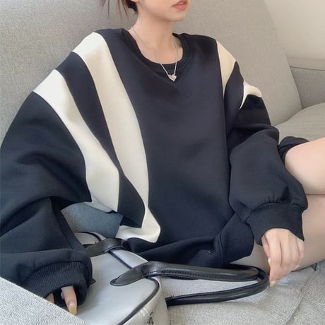 トレーナー トップス バイカラー 配色ライン プルオーバー オーバーサイズ ビッグシルエット レトロ 韓国ファッション レディース ガーリー カジュアル DTC-683210988059