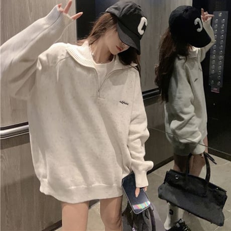 ニット トップス ハイネック ハーフジップ プルパーカー シンプル オーバーサイズ ルーズ レトロ 韓国ファッション レディース 大人可愛い ガーリー カジュアル DTC-683898080466