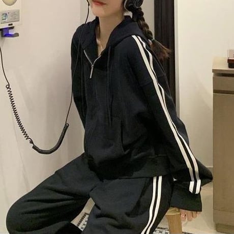 セットアップ 上下セット スウェット サイドライン ジップアップ パーカー パンツ ジャージ ルーズ レトロ 大人可愛い ガーリー カジュアル スポーツミックス DTCA-687375312327