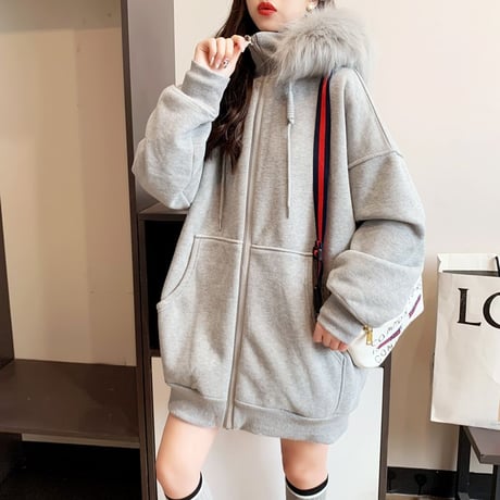 パーカー ジップアップ フーディー ファーフード エコファー ロングパーカー ビッグシルエット トップス アウター オーバーサイズ ゆったり レトロ カジュアル DTCA-679340561001