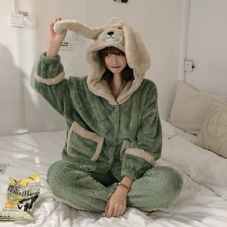 【ルームウェア】 フード付き パジャマ セットアップ トップス + パンツ ラビット フリース ウサギ 長袖 上下セット 長袖 韓国ファッション レディース ガーリー 627124813627