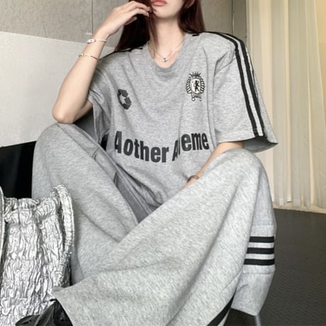 セットアップ サイドライン Tシャツ ワイドパンツ 半袖 ロゴ トップス スポーツミックス 上下セット レトロ 韓国ファッション レディース 大人可愛い ガーリー DTC-786931285601
