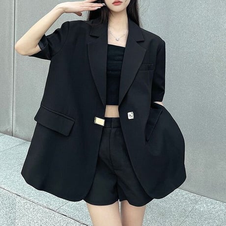 オーバーサイズ ジャケット 半袖 バックスリット ライトアウター ルーズ レトロ 韓国ファッション レディース 大人可愛い ガーリー DTC-708360649322
