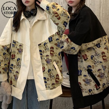 ジャケット くまちゃん ベアー ジップアップ 薄手 長袖 レトロ ルーズ 韓国ファッション レディース 大人可愛い ガーリー カジュアル ストリートファッション DTC-652685578373