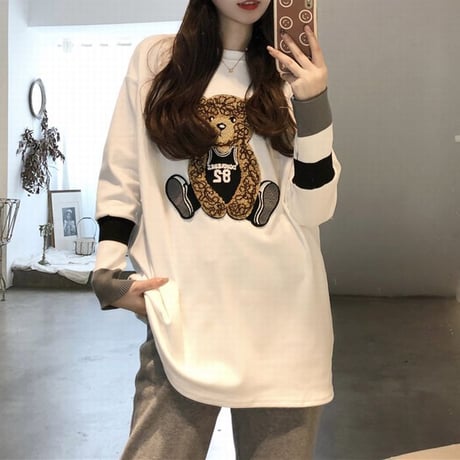 tシャツ クマちゃん ベアー 袖リブニット クルーネック 裏起毛 トップス ゆったり 長袖 レトロ 韓国ファッション レディース 大人可愛い ガーリー フェミニン DTC-659982367382
