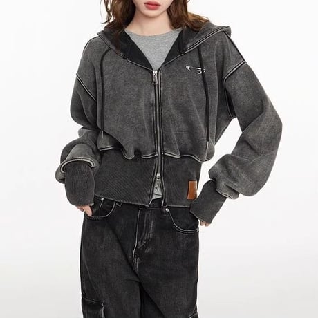 ヴィンテージ風 ダブルジップ パーカー フーディー ショート丈 ウォッシュ加工 トップス ラベルピグメント 長袖 レトロ 大人可愛い ガーリー カジュアル DTCA-840093980146