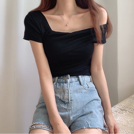ワンショルダー トップス 不規則デザイン 半袖 韓国ファッション レディース Tシャツ 大人可愛い ガーリー フェミニン DTC-641886251782