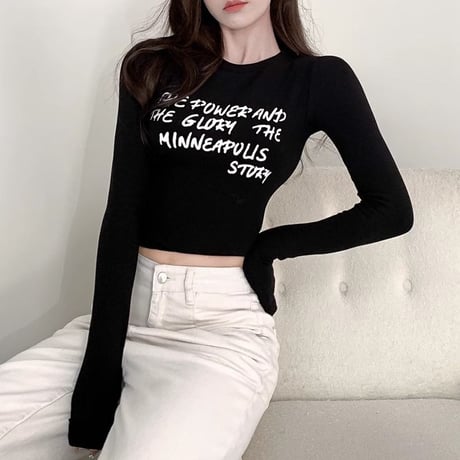 肩パッド付き ロンT スリムフィット ベルベット レタープリント トップス tシャツ ショート丈 長袖 レトロ 韓国ファッション レディース 大人可愛い ガーリー DTCA-845799906745