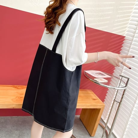 フェイクレイヤード ワンピース Tシャツ ドッキングワンピース ミニ丈 バイカラー ルーズ 半袖 レトロ 大人可愛い ガーリー 韓国ファッション レディース DTC-678993747695