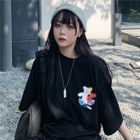 ユニセックス Tシャツ 半袖 メンズ レディース 落書き風 クマちゃん ベアー プリント オーバーサイズ 大きいサイズ ルーズ ストリート DTC-616567993304