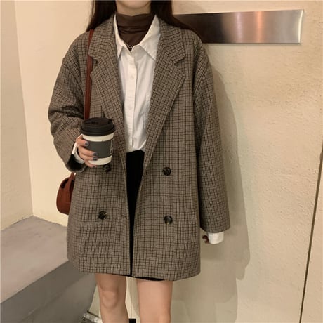 チェック柄 テーラードジャケット 厚手 キルティング ダブルブレスト 韓国ファッション レディース ロングジャケット ルーズ 長袖 大人可愛い ガーリー DTC-628946879075