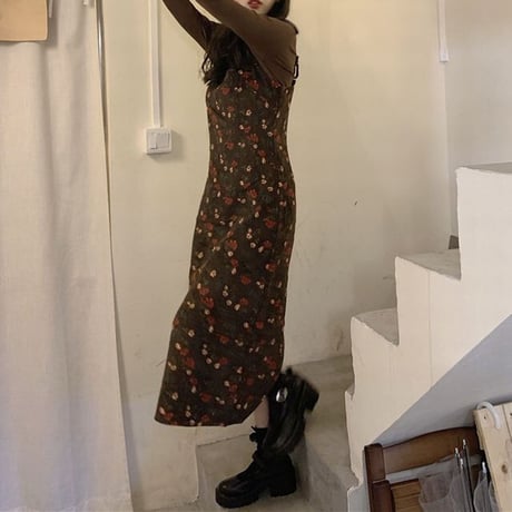 花柄 キャミワンピース スリングワンピース ロング丈 ノースリーブ レトロ 韓国ファッション レディース 大人可愛い ガーリー フェミニン DTC-657889153535