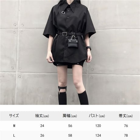 シャツ ブラウス 半袖 ベルト付き ミニバッグ付き 韓国ファッション レディース 黒 ブラック ポシェット チュニック DTC-594419657503