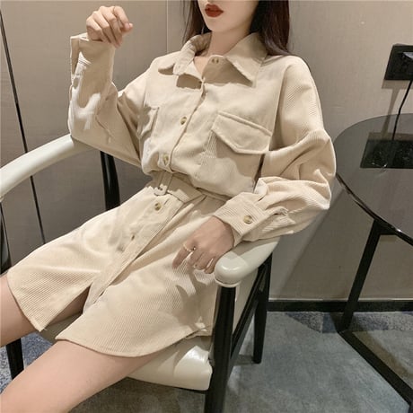 コーデュロイシャツ コーデュロイ シャツワンピース ベルト付き 長袖 ゆったり 韓国ファッション レディース カジュアル 大人カジュアル 大人可愛い ガーリー DTC-602944254740