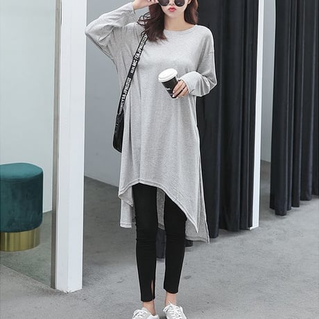 スリットTシャツ ロング丈 全3色 韓国ファッション レディース チュニック ワンピース ゆったり ラウンドネック 無地 ストリート (1RIRIT-025)