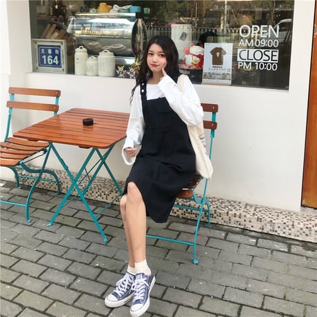 サロペットワンピース ジャンパースカート 韓国ファッション レディース ガーリー ハイウエスト レトロ DTC-587403309486
