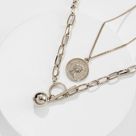 2点セット ネックレス チェーン付き コイン Tバー ペンダント アクセサリー 合金 シンプル DTC-618874289625