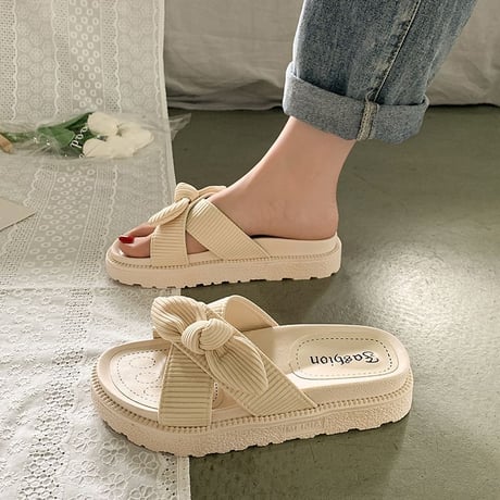 クロスデザイン リボン 厚底サンダル 22.5～25.0cm スリッパ サンダル オープントゥ フラットヒール 厚底 美脚効果 韓国ファッション レディース DTC-640513581984