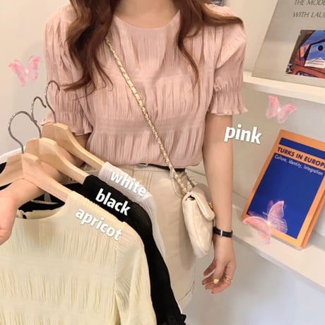 プリーツ ティアード ブラウス パフ袖 半袖 シフォン 韓国ファッション レディース  トップス 薄手 無地大人可愛い ガーリー フェミニン DTC-619794661879
