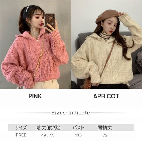 プルオーバー ハーフジップアップ ニット セーター アプリコット 韓国 ファッション レディース ケーブル編み オフショルダー ハイネック (DTC-606566990698)